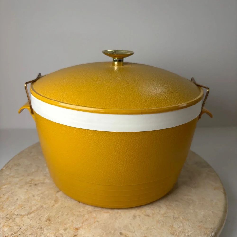 Vintage Ice Bucket Mustard Yellow Faux Leather Vinyl Insulated Mid Century Retro